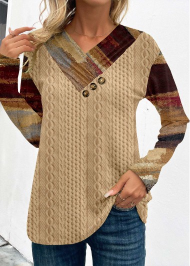 ROTITA Patchwork Graffiti Print Light Camel V Neck Sweatshirt