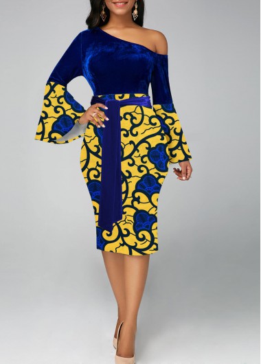 ROTITA Asymmetry Tribal Print Dark Blue Belted Bodycon Dress
