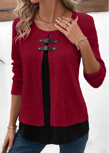 ROTITA Wine Red Fake 2in1 Round Neck Blouse