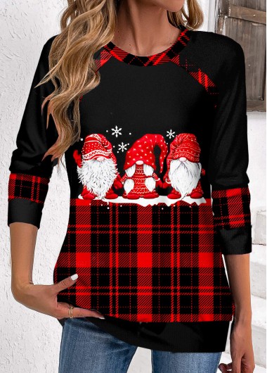 ROTITA Patchwork Plaid Black Round Neck Long Sleeve Christmas Sweatshirt