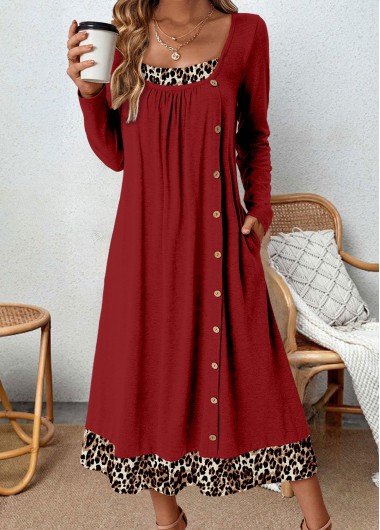 ROTITA Button Leopard Wine Red A Line Dress