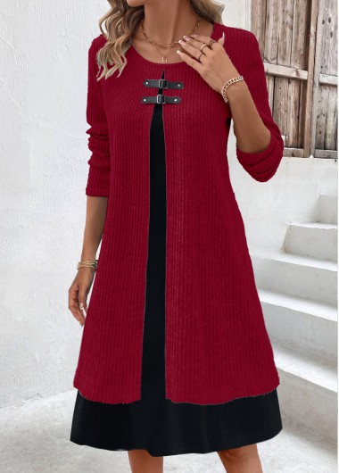 ROTITA Fake 2in1 Wine Red A Line Dress