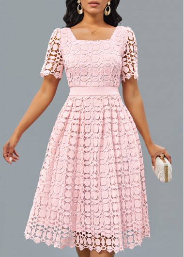 ROTITA Patchwork Light Pink Square Neck Short Sleeve Dress