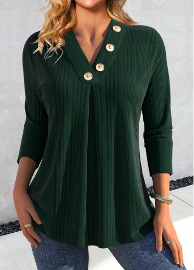 ROTITA Button Blackish Green V Neck Long Sleeve T Shirt