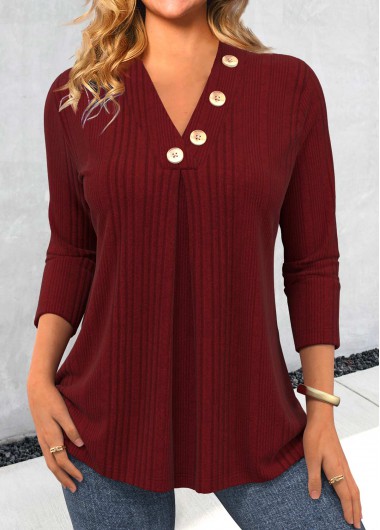 ROTITA Button Wine Red V Neck Long Sleeve T Shirt