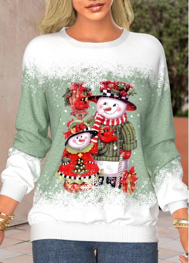 ROTITA Patchwork Snowman Print Sage Green Round Neck Sweatshirt