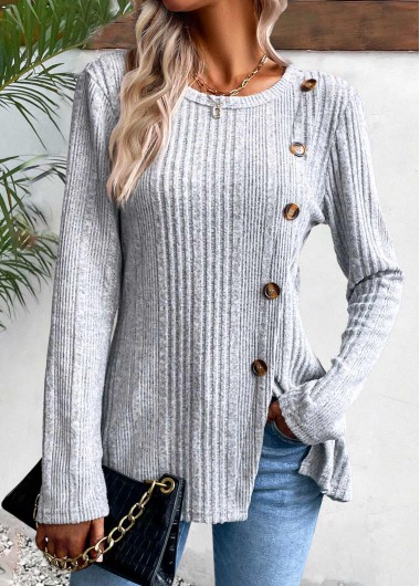 ROTITA Button Light Grey Marl Round Neck T Shirt