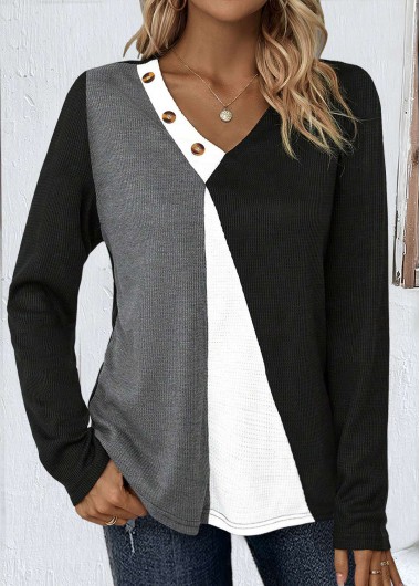 ROTITA Patchwork Black V Neck Long Sleeve T Shirt