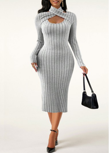 ROTITA Cut Out Light Grey Halter Long Sleeve Dress