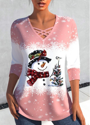 ROTITA Criss Cross Snowman Print Light Pink T Shirt