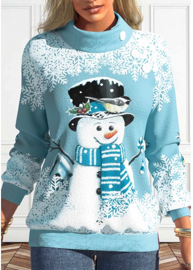 ROTITA Button Snowman Print Light Blue Stand Collar Sweatshirt