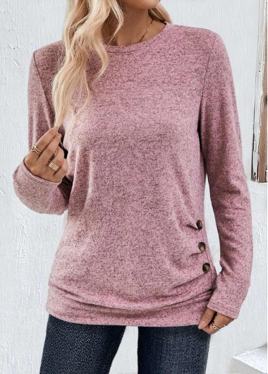 ROTITA Button Pink Round Neck Long Sleeve T Shirt