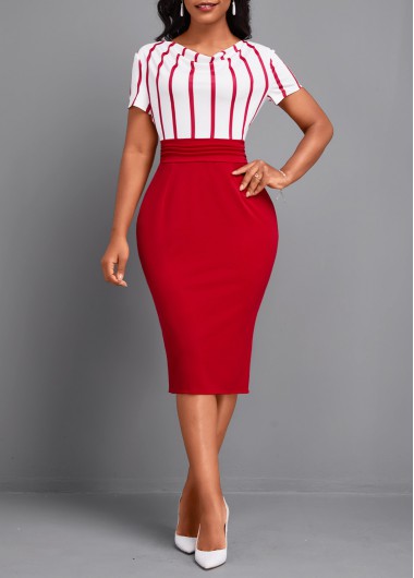 ROTITA Bowknot Striped Red Draped Neck Short Sleeve Bodycon Dress