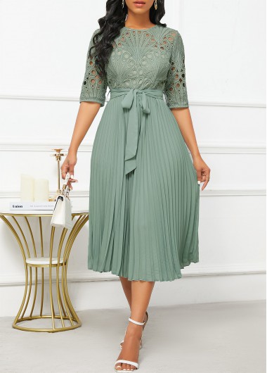 ROTITA Patchwork Sage Green Belted Round Neck Half Sleeve Dress