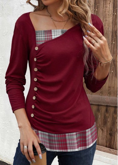 ROTITA Patchwork Plaid Deep Red Asymmetrical Neck Long Sleeve Sweatshirt