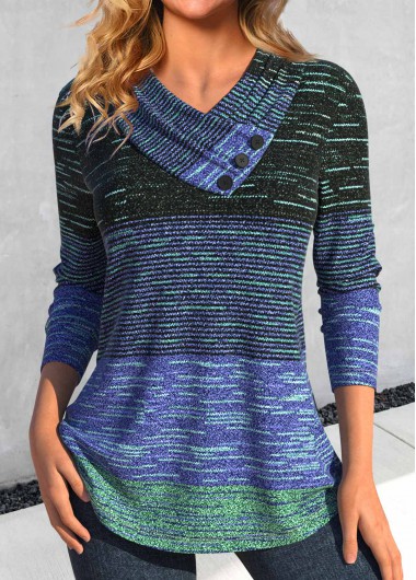 ROTITA Button Striped Cyan V Neck Long Sleeve T Shirt