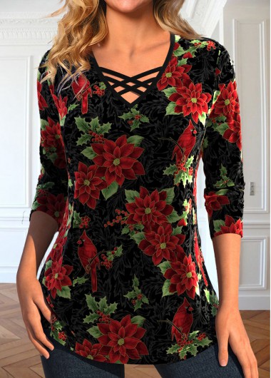 ROTITA Velvet Christmas Print Black V Neck T Shirt