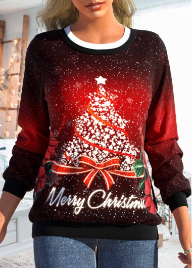 ROTITA Fake 2in1 Christmas Tree Print Wine Red Sweatshirt
