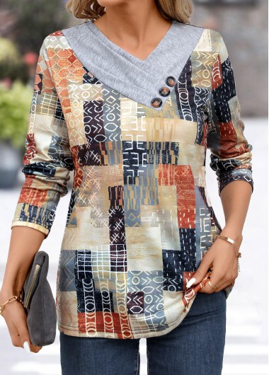 Patchwork Geometric Print Light Grey Asymmetrical Neck T Shirt