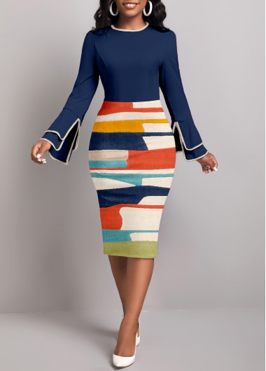 ROTITA Patchwork Graffiti Print Navy Round Neck Bodycon Dress