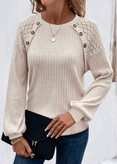 ROTITA Button Beige Round Neck Long Sleeve T Shirt