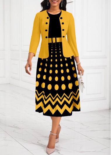 ROTITA Two Piece Ombre Yellow Belted Round Neck Dress