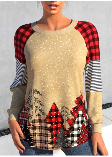 ROTITA Patchwork Christmas Tree Print Light Coffee Round Neck Sweatshirt