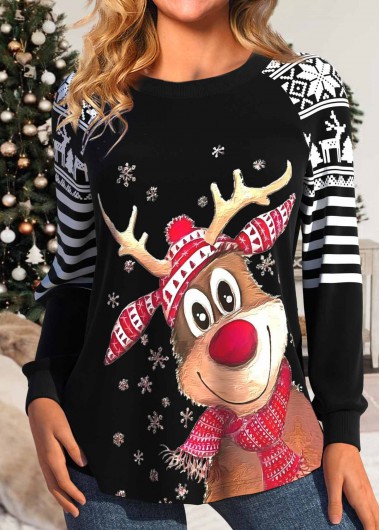 ROTITA Patchwork Christmas Print Black Round Neck T Shirt