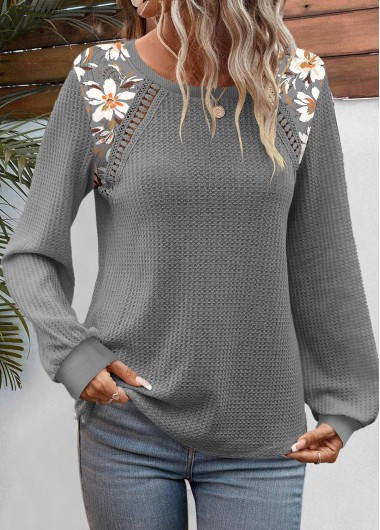 ROTITA Patchwork Floral Print Dark Grey Round Neck Sweatshirt