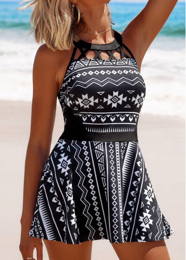ROTITA Cage Neck Black Tribal Print Swimdress and Panty