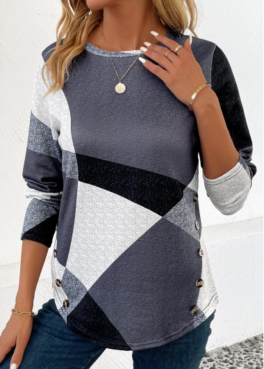 Button Geometric Print Dark Grey Round Neck T Shirt