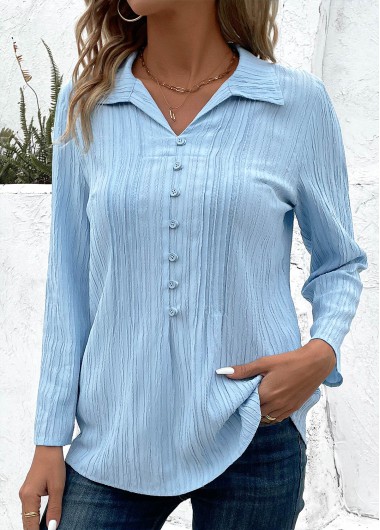 ROTITA Button Light Blue Shirt Collar 3/4 Sleeve Blouse