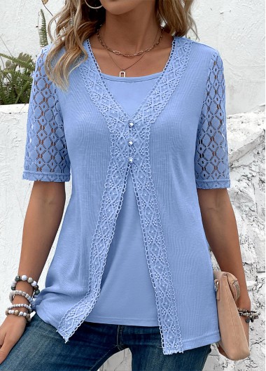 ROTITA Fake 2in1 Dusty Blue V Neck T Shirt