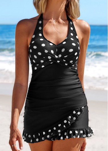 ROTITA Surplice Black Polka Dot Mid Waisted Tankini Set