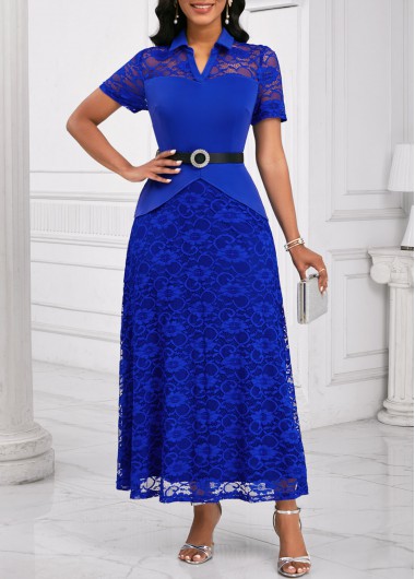 ROTITA Lace Royal Blue Shirt Collar Short Sleeve Maxi Dress
