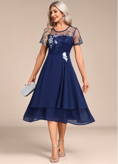 ROTITA Embroidery Navy Round Neck Short Sleeve Dress