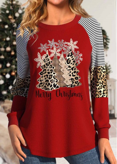 ROTITA Patchwork Christmas Tree Print Red Round Neck T Shirt