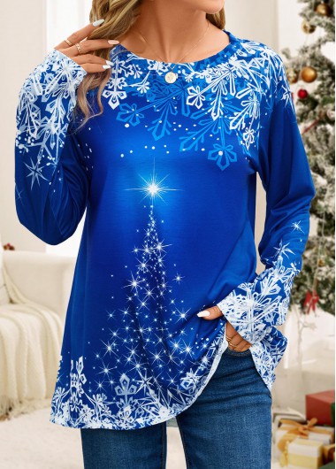 Christmas Patchwork Dark Blue Round Neck T Shirt