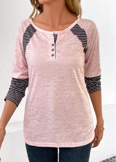 Button Striped Light Pink Round Neck T Shirt