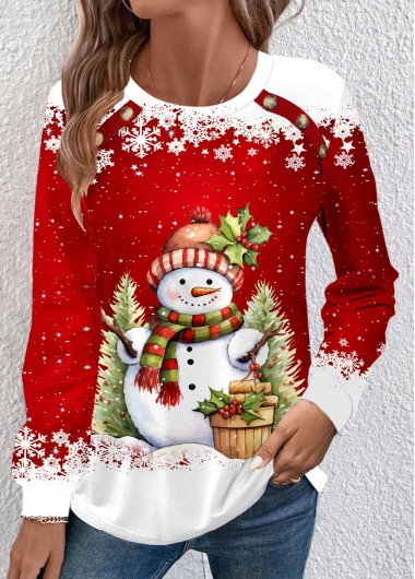 ROTITA Button Snowman Print Red Round Neck Long Sleeve Sweatshirt