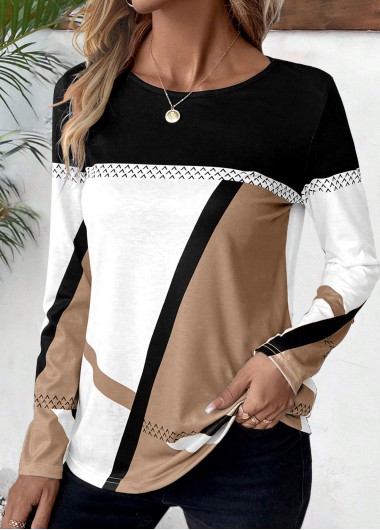 ROTITA Patchwork Geometric Print Light Coffee Round Neck T Shirt
