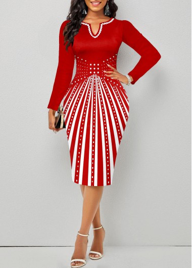ROTITA Split Geometric Print Red Long Sleeve Bodycon Dress