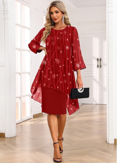 ROTITA Fake 2in1 Snowflake Print Red High Low Dress