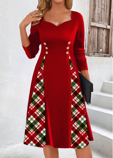 ROTITA Patchwork Plaid Red Heart Collar Long Sleeve Dress
