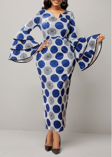 ROTITA Tribal Print Long Sleeve Blue Bodycon Dress