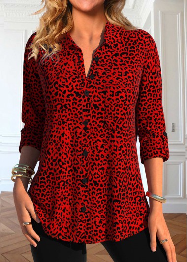ROTITA Button Leopard Red Shirt Collar Long Sleeve Blouse