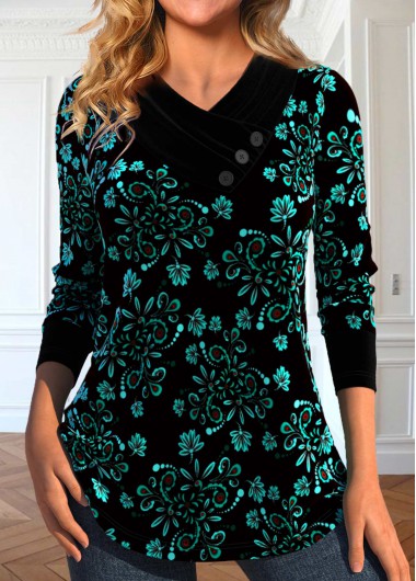 ROTITA Velvet Tribal Print Black Cross Collar T Shirt
