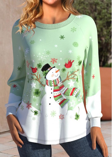 ROTITA Patchwork Snowman Print Light Green Round Neck T Shirt