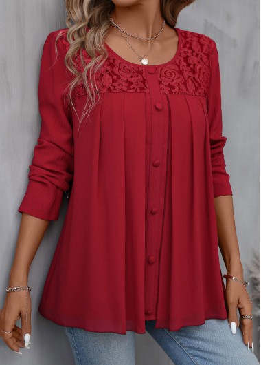 ROTITA Patchwork Red Round Neck Long Sleeve Blouse
