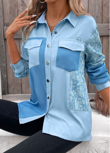 ROTITA Patchwork Paisley Print Denim Blue Shirt Collar Blouse